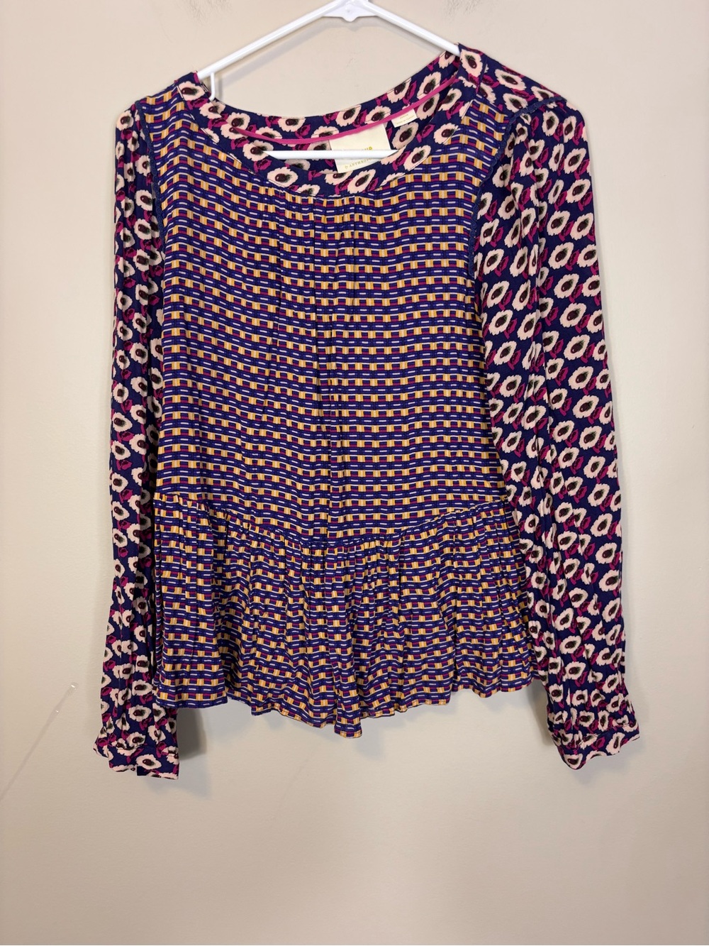 Anthropologie Maeve Purple Pink Mixed-Print Long Sleeve Peplum Blouse Medium
